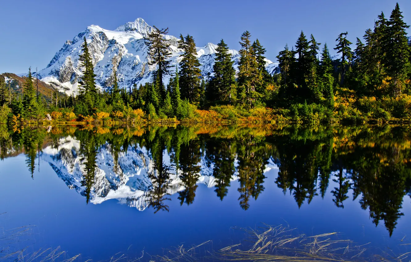 Photo wallpaper the sky, snow, trees, mountains, lake, reflection