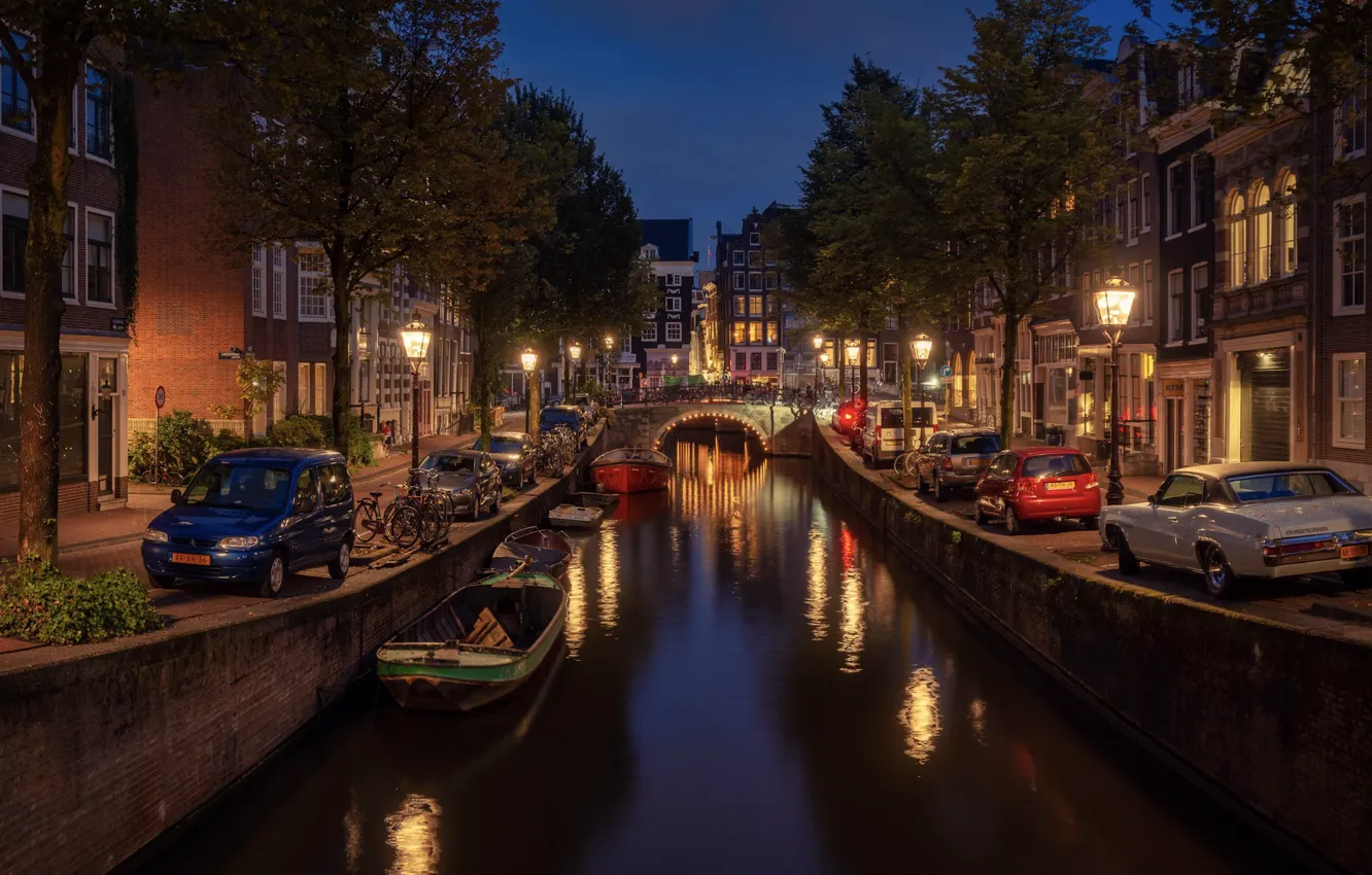 Photo wallpaper machine, bridge, the city, boat, building, home, lighting, Amsterdam
