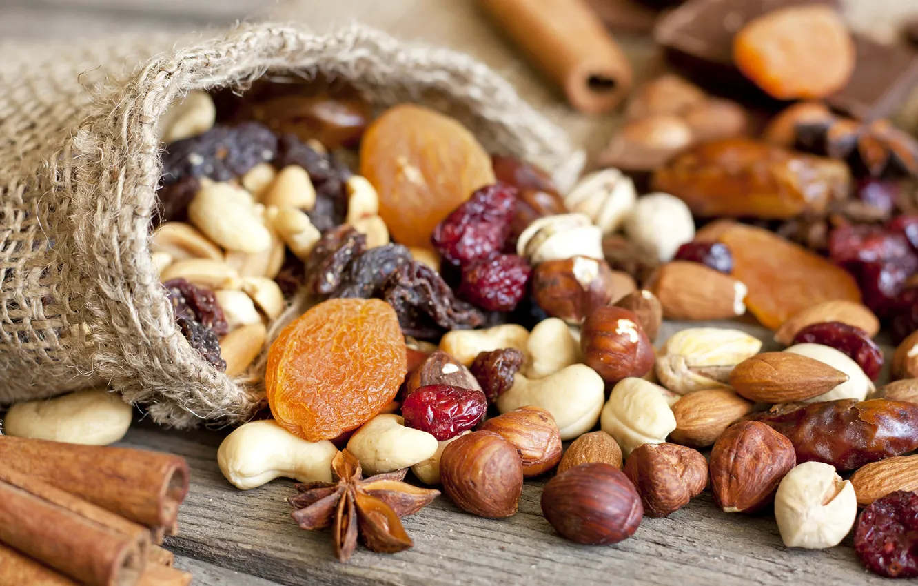 Photo wallpaper nuts, nuts, raisins, dried apricots, dried fruits