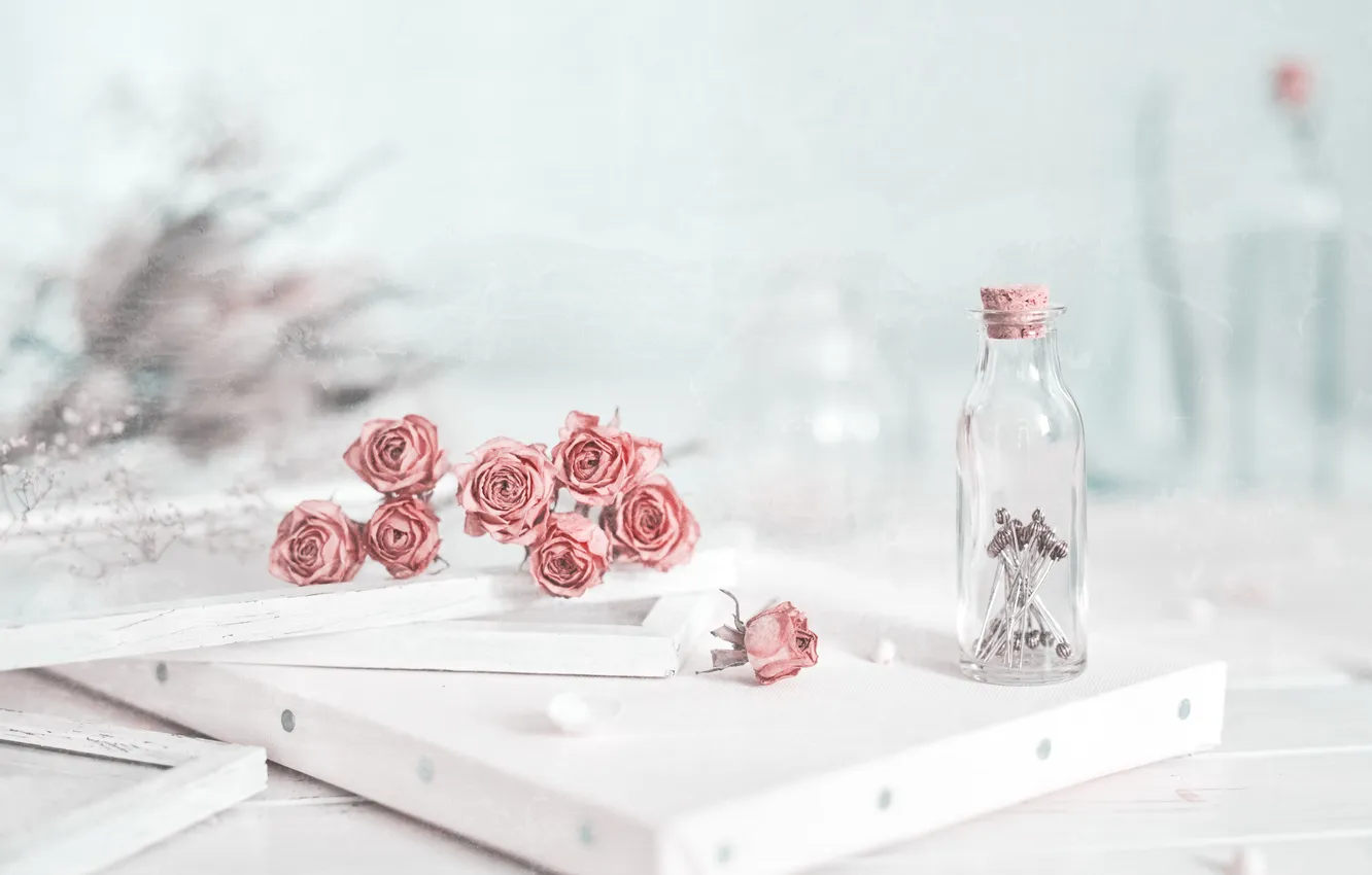 Photo wallpaper glass, light, flowers, sprig, table, box, Board, bouquet