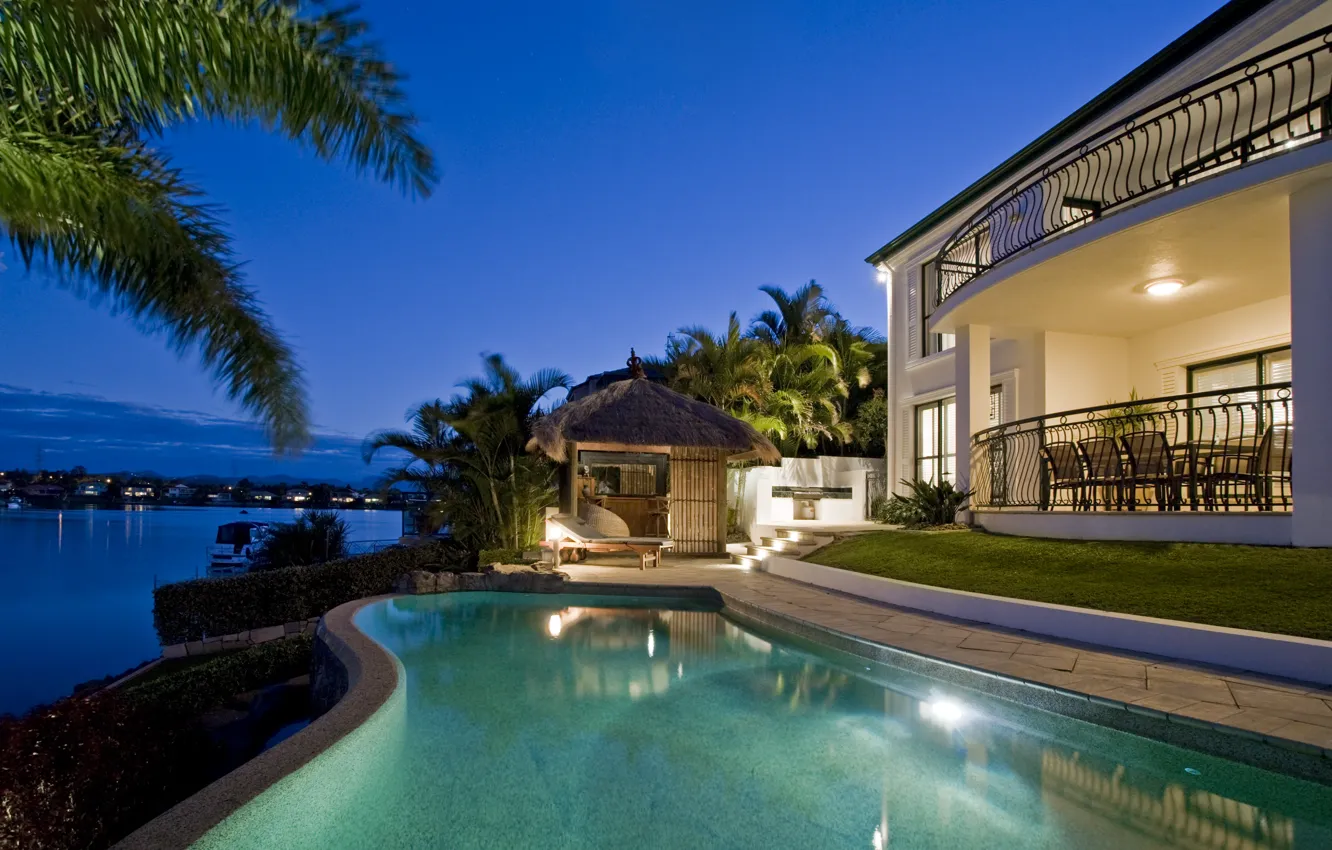 Photo wallpaper palm trees, Villa, the evening, pool, lighting, architecture, resort