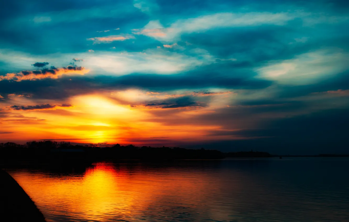 Photo wallpaper the sky, sunset, reflection, beauty, pond