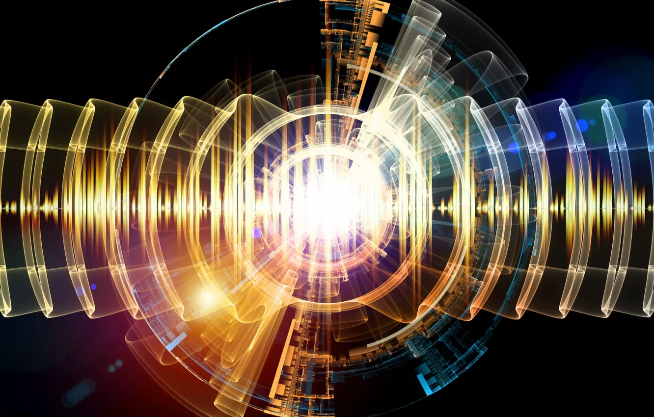 Photo wallpaper wave, rays, light, circles, abstraction, lights, the dark background, graphics