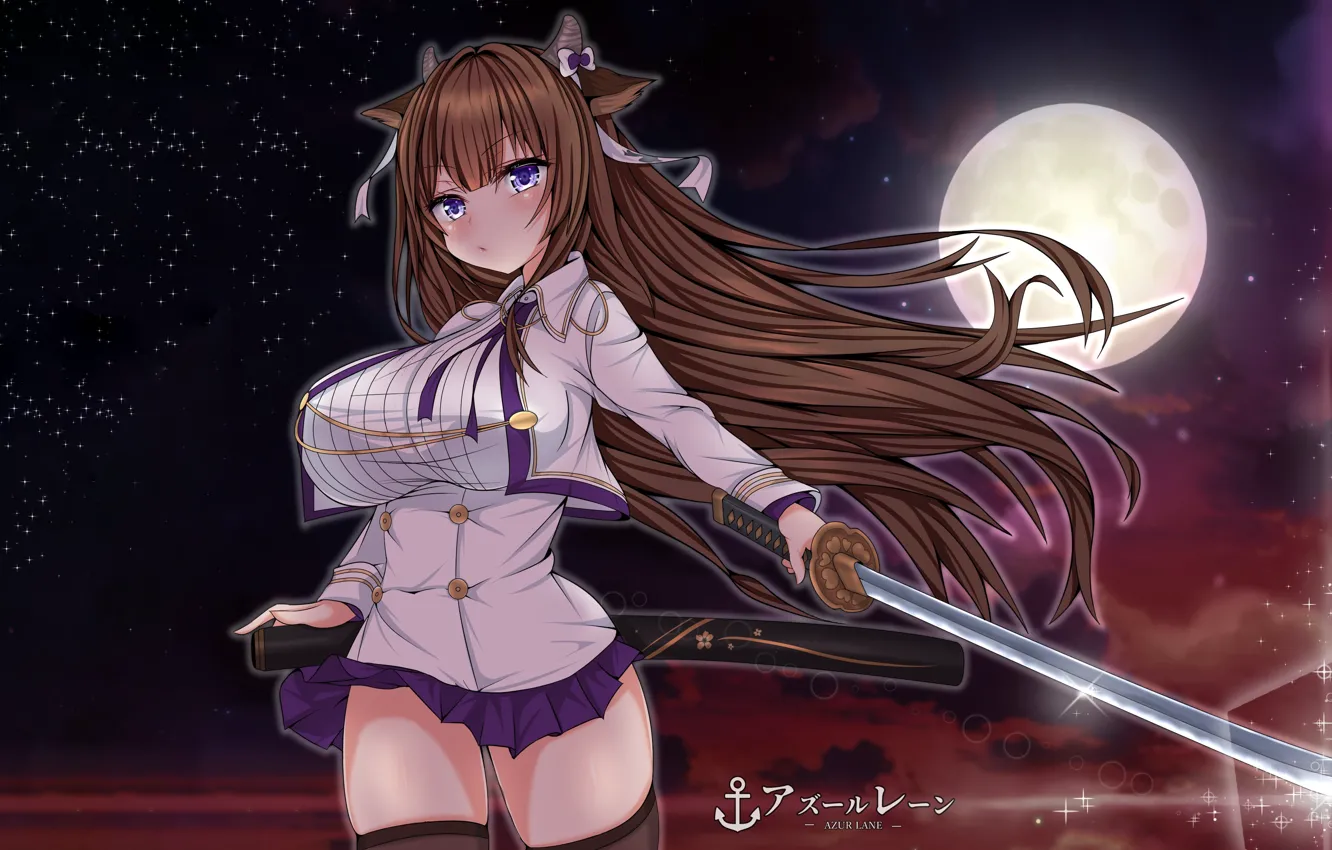 Photo wallpaper girl, moon, sword, sexy, thighhighs, horns, long hair, brown hair