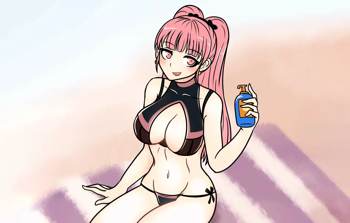 Photo wallpaper girl, sexy, cleavage, pink hair, long hair, boobs, anime, beautiful