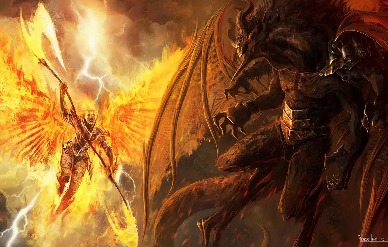 Photo wallpaper weapons, flame, lightning, wings, the demon, sparks, battle