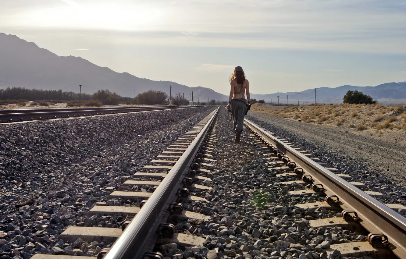 Photo wallpaper girl, background, railroad