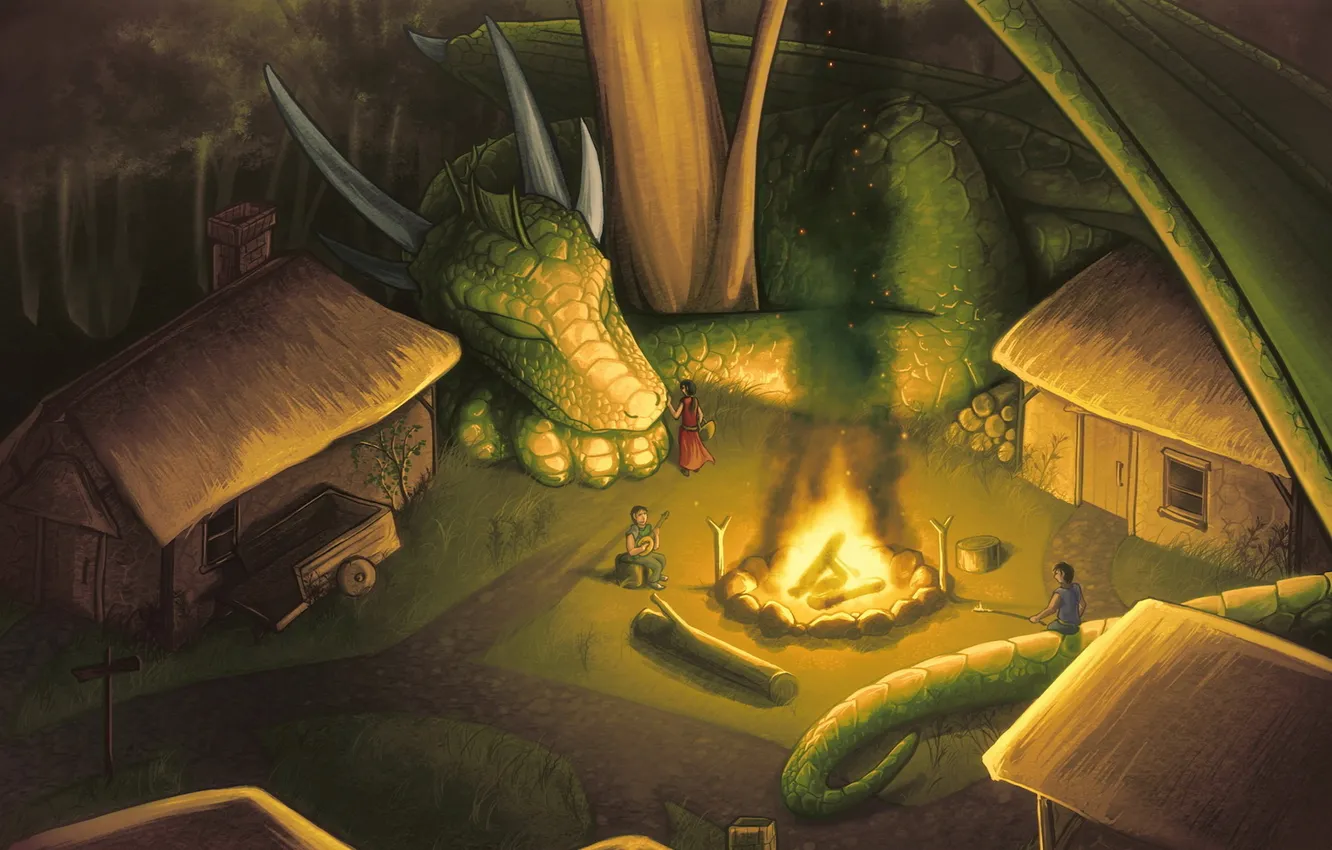 Photo wallpaper dragon, village, the fire, residents