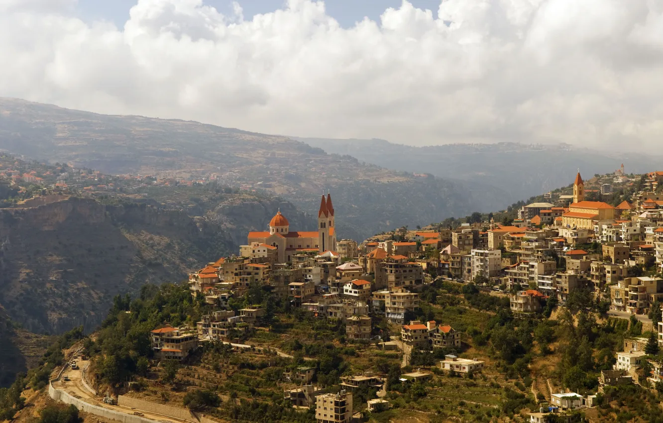 Photo wallpaper mountains, the city, panorama