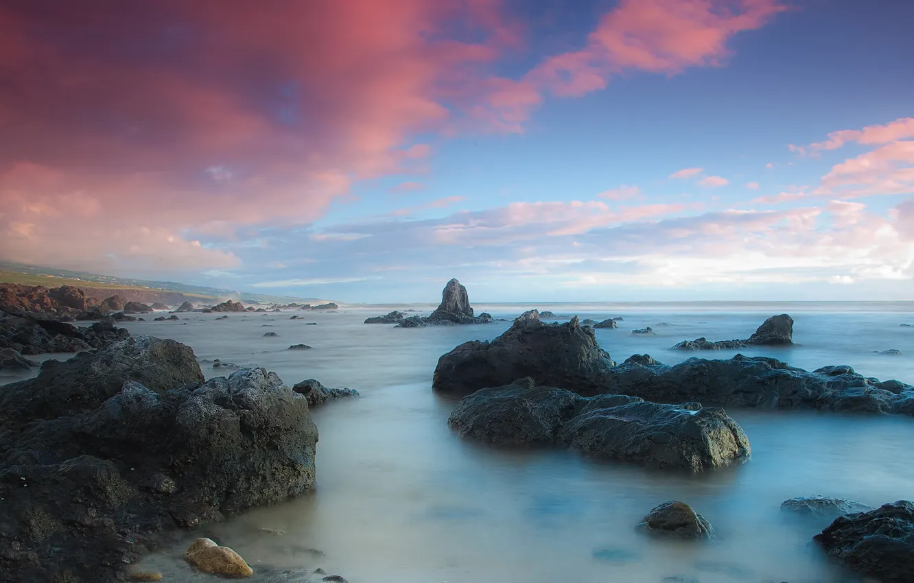 Photo wallpaper sea, the sky, clouds, landscape, stones, pink
