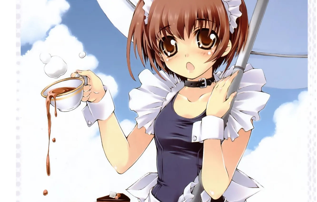 Photo wallpaper umbrella, the maid, apron, blue sky, bezel, cuff, a Cup of coffee, chalker
