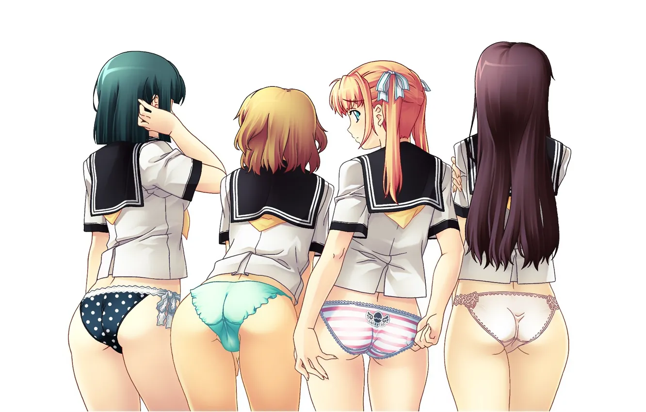 Photo wallpaper panties, white background, red, Schoolgirls, girlfriend, sailor, from the back, four girls