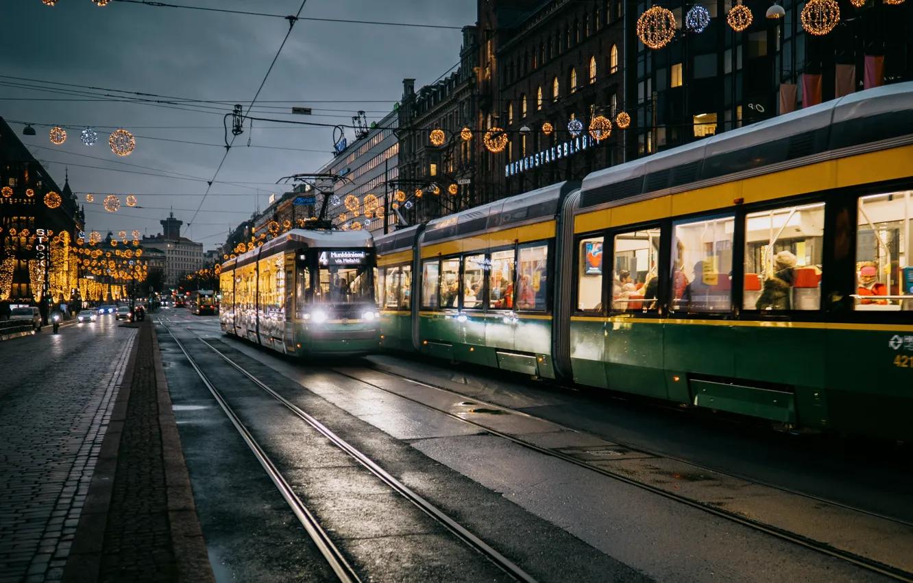Photo wallpaper city, lights, city lights, evening, train, Tapio Haaja
