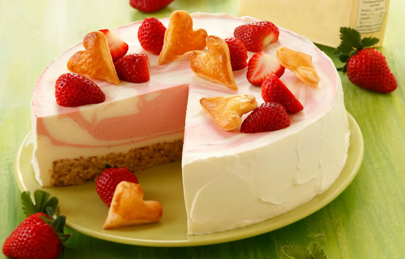 Photo wallpaper berries, heart, food, strawberry, cake, cake, cake, cream