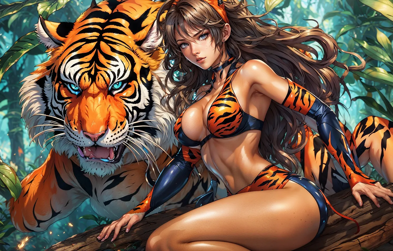 Photo wallpaper forest, girl, tiger, AI ART