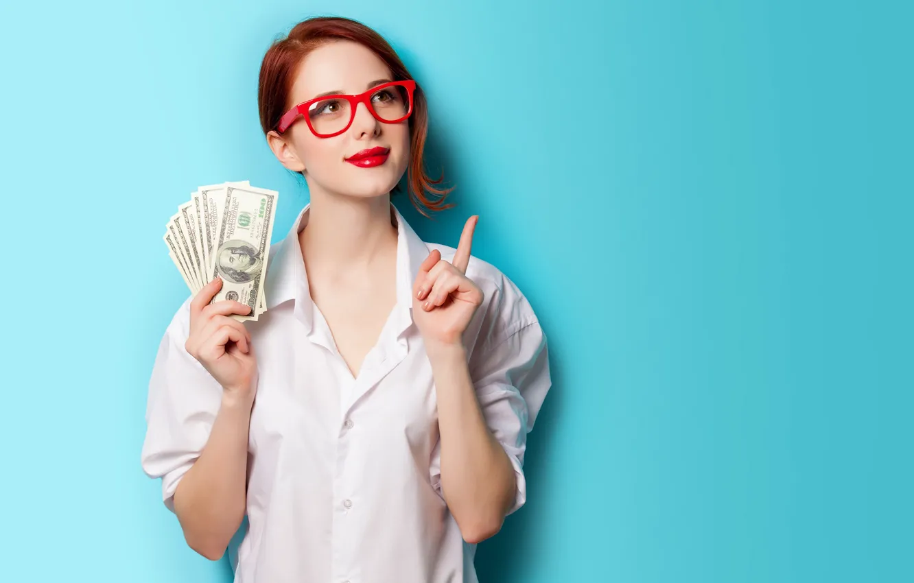 Photo wallpaper girl, pose, smile, background, model, money, makeup, glasses