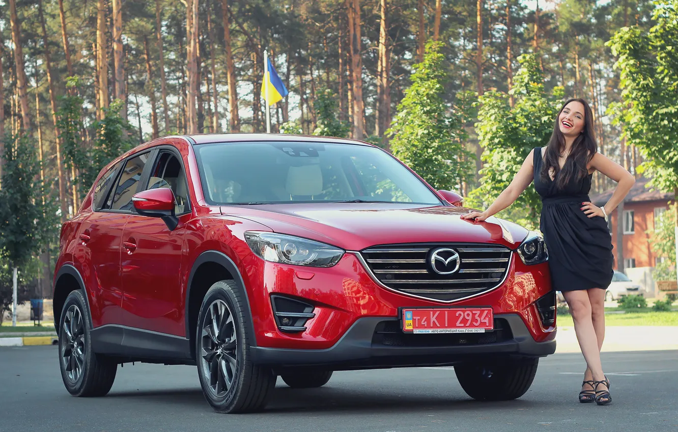 Photo wallpaper look, girl, Mazda, beautiful girl, red car, posing on the car