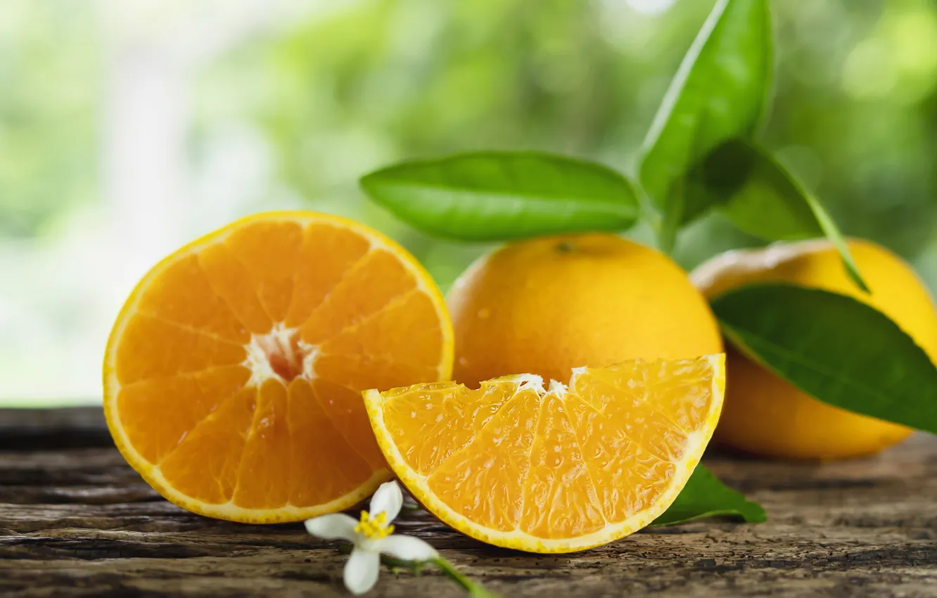 Photo wallpaper leaves, macro, Board, orange, fruit, slices, bokeh, composition