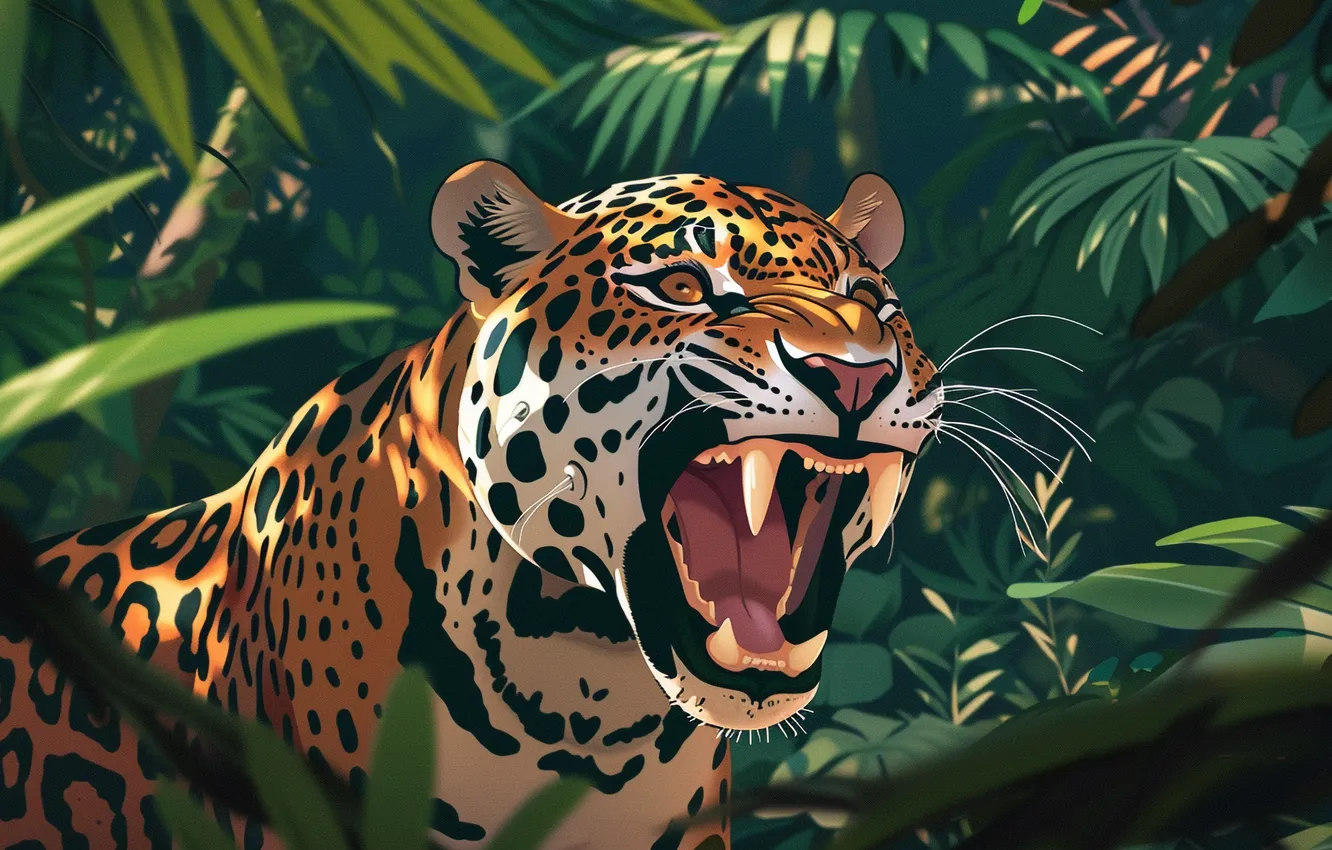 Photo wallpaper face, branches, predator, art, mouth, fangs, grin, Jaguar