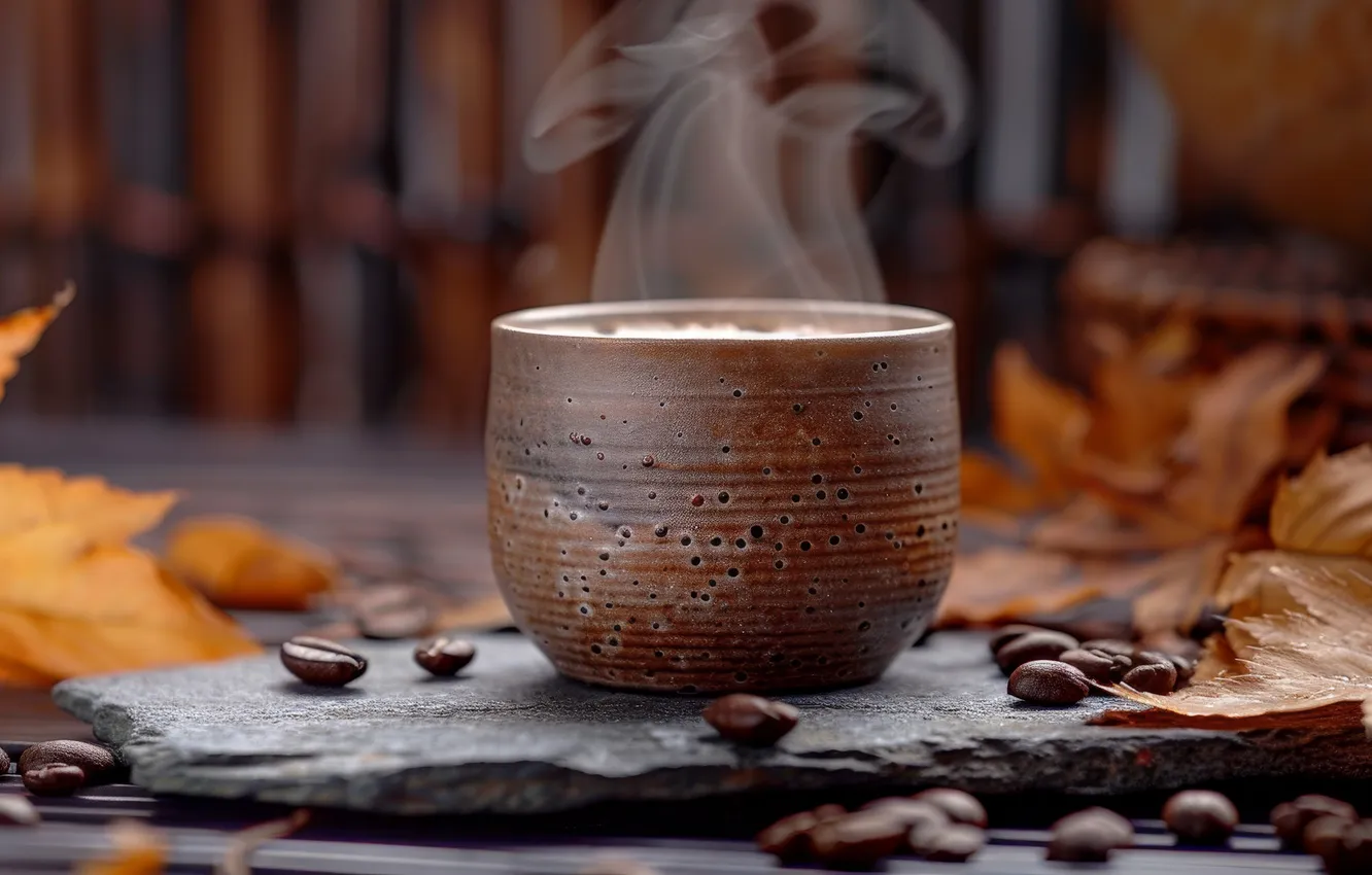 Photo wallpaper autumn, leaves, coffee, hot, pair, Cup, coffee beans, AI art