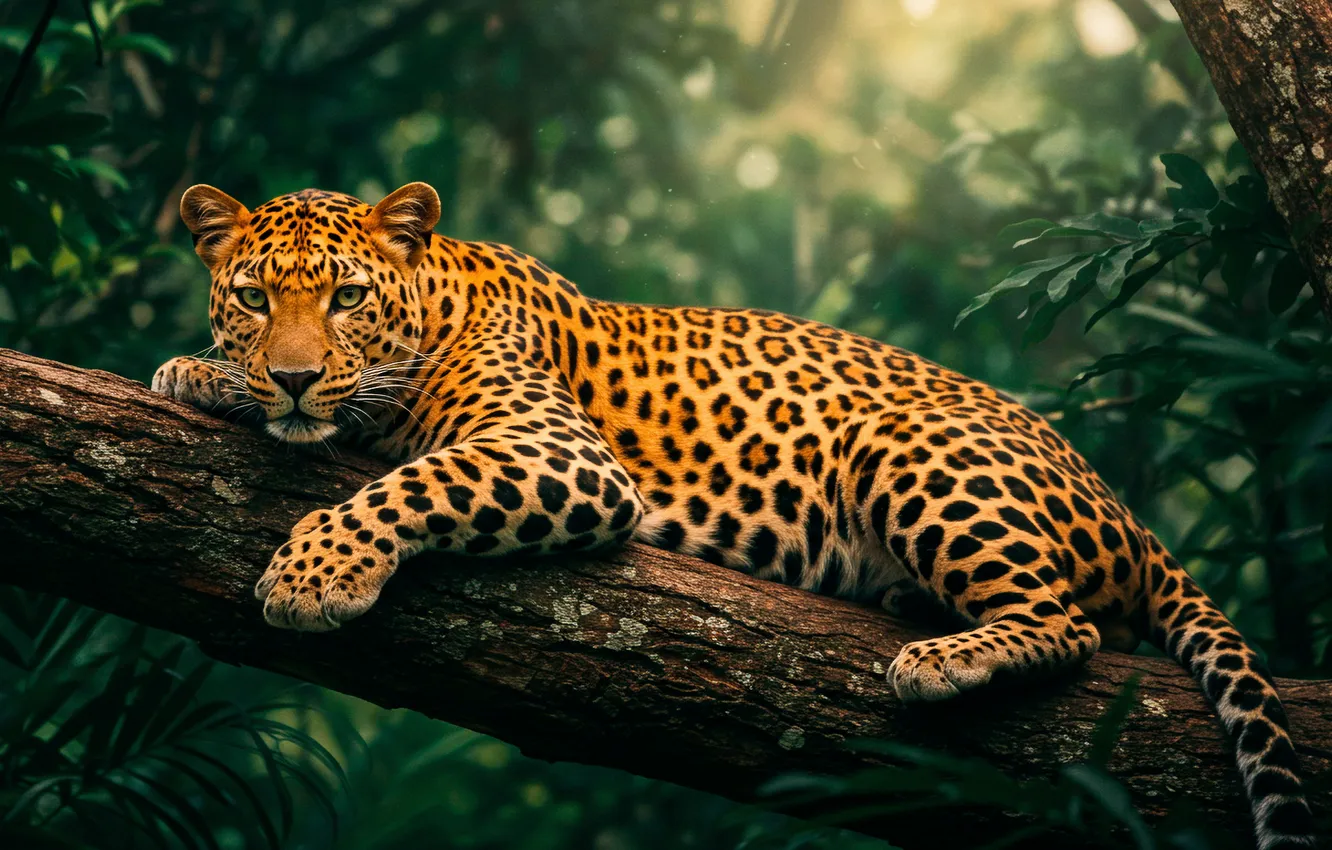 Photo wallpaper forest, trees, Wallpaper, art, leopard, wallpaper, forest, leopard