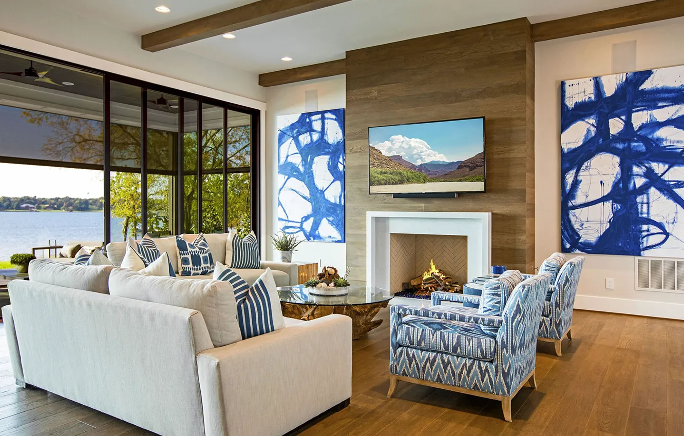 Photo wallpaper design, style, interior, fireplace, living room, Riverview, living room overlooking a riwer