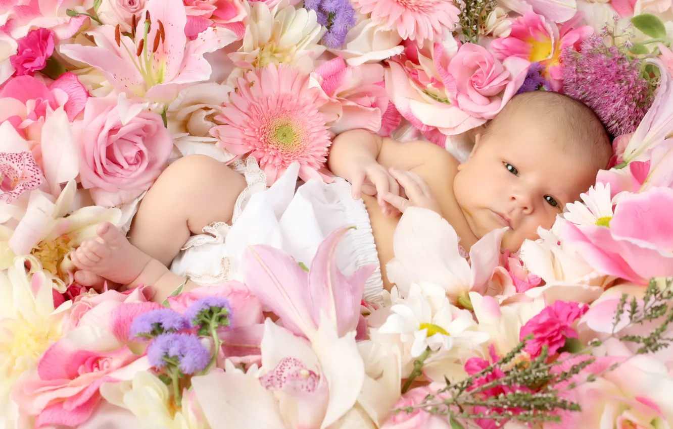 Photo wallpaper flowers, girl, baby