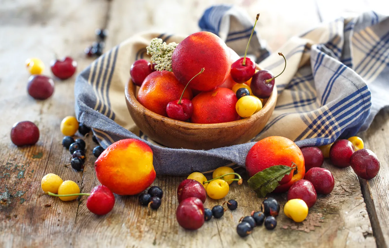 Photo wallpaper summer, berries, plate, fruit, still life, peaches, currants, cherry