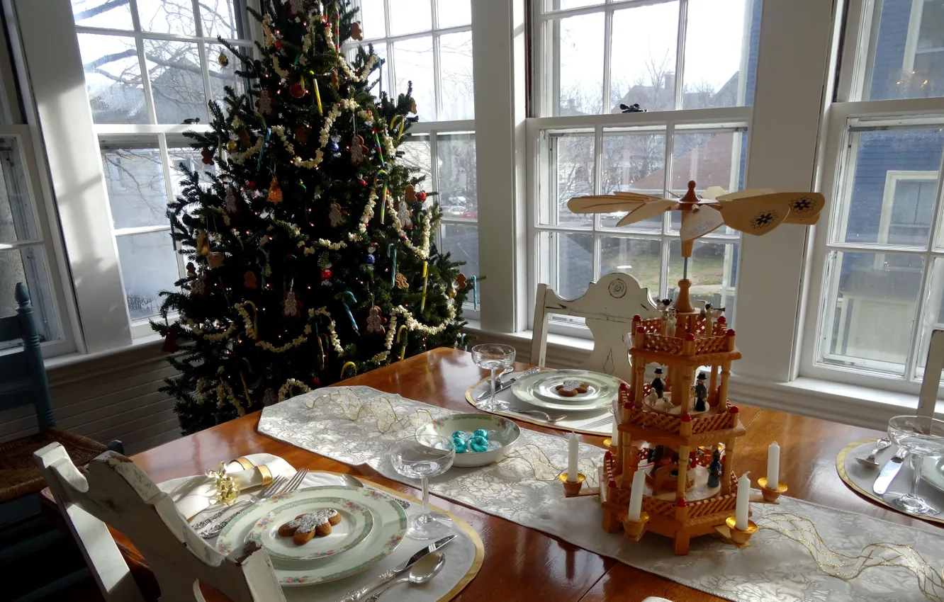 Photo wallpaper decoration, tree, Christmas, New year, festive table
