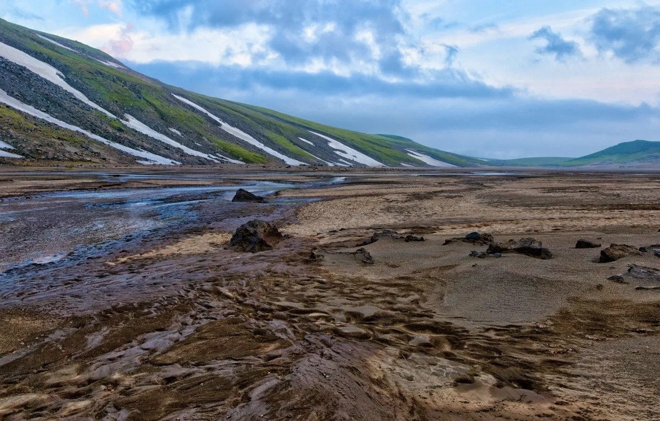Photo wallpaper sand, the sky, water, clouds, snow, landscape, mountains, nature