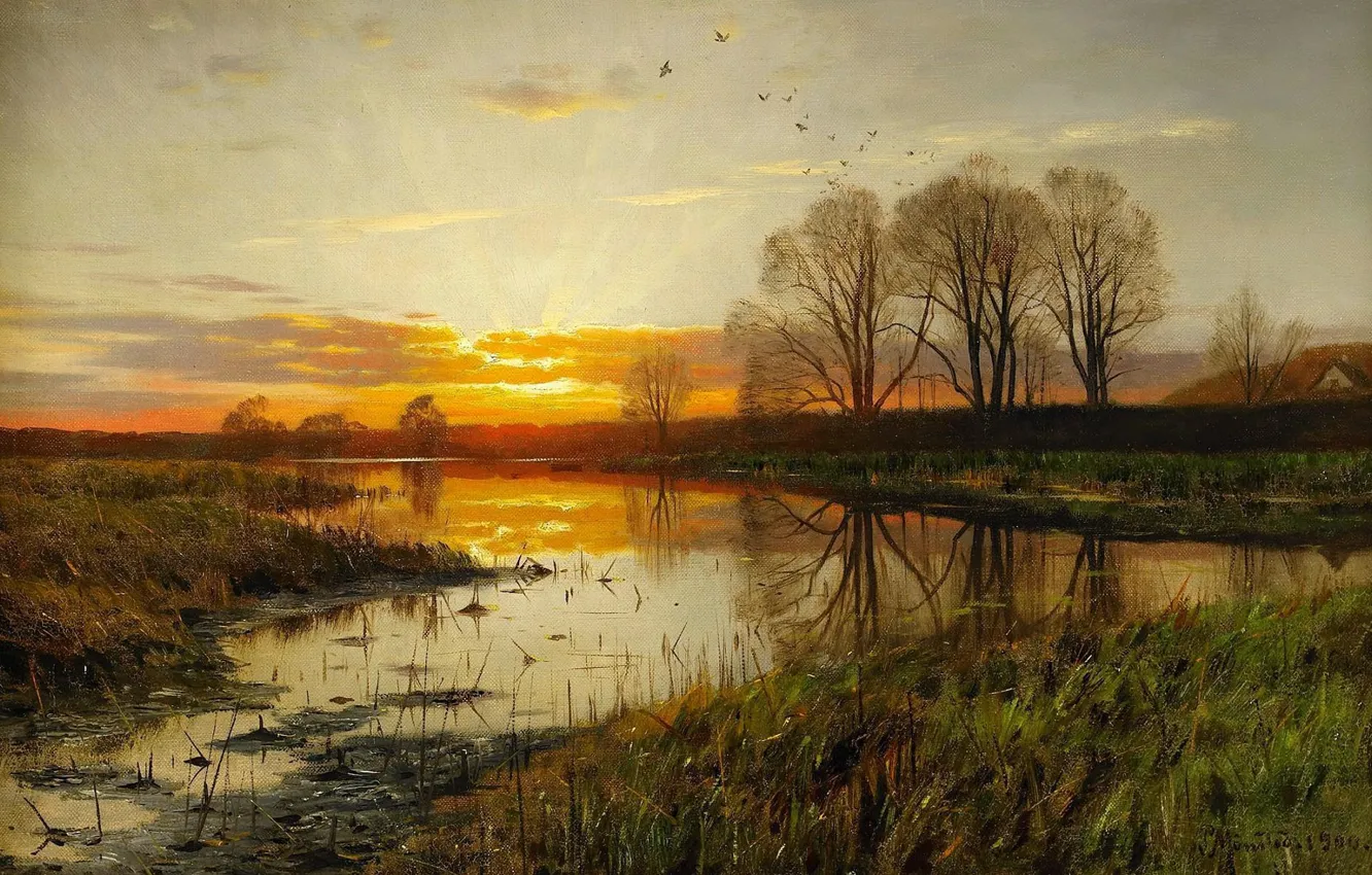 Photo wallpaper landscape, nature, picture, Peter Merk Of Menstad, Peder Mørk Mønsted, Sunset over the Water