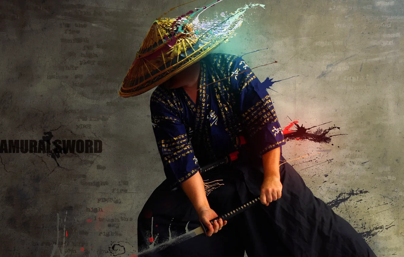 Photo wallpaper katana, hat, samurai, blow, kimono, Samurai Sword