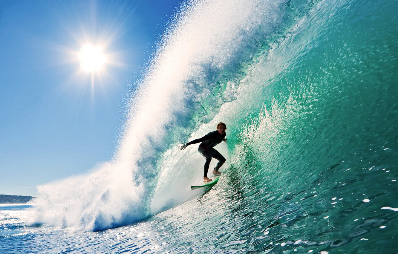 Photo wallpaper the sky, the sun, wave, surfing