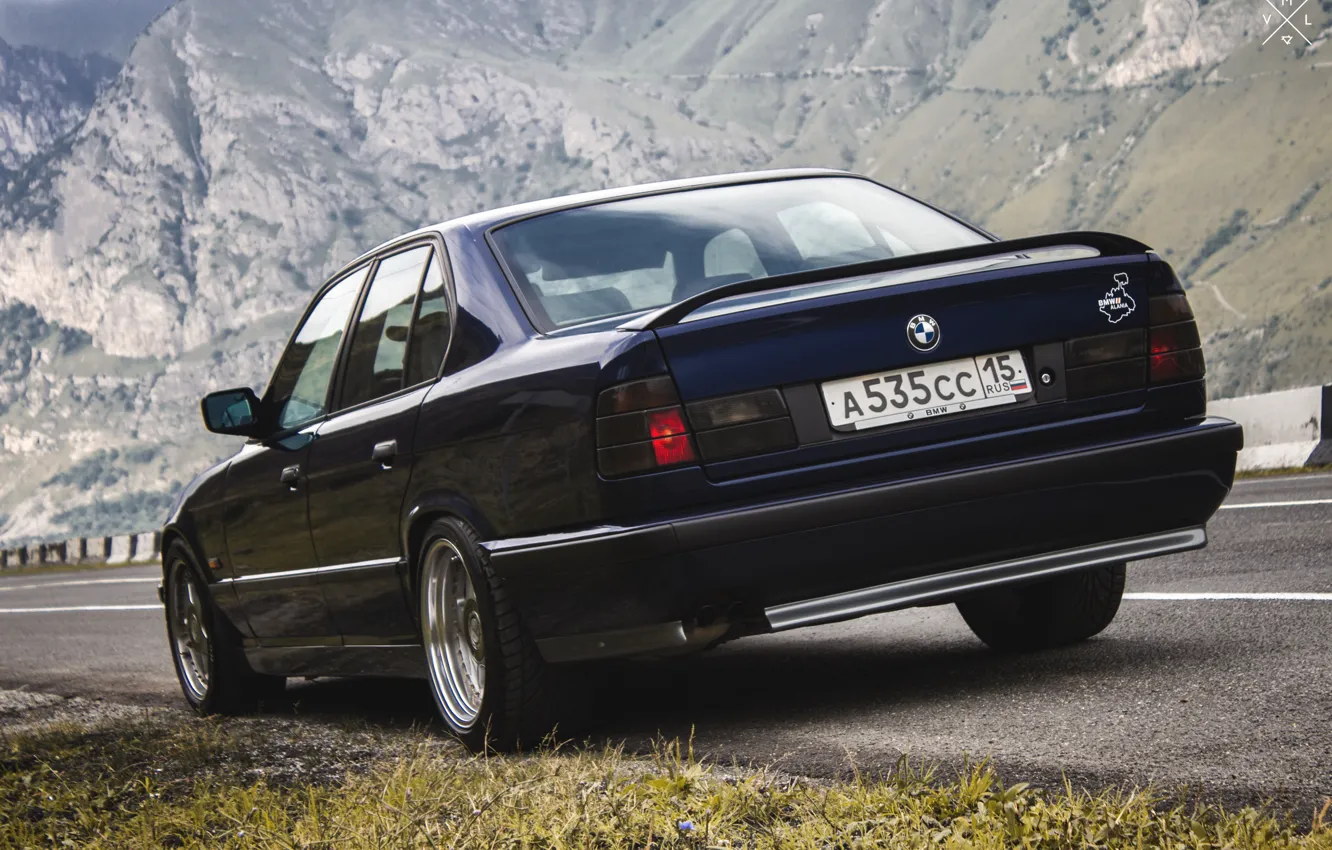 Photo wallpaper grass, mountains, bridge, nature, lights, BMW, track, BMW