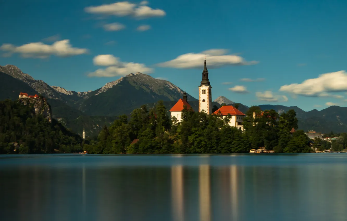 Photo wallpaper clouds, light, trees, mountains, lake, reflection, blue, Church
