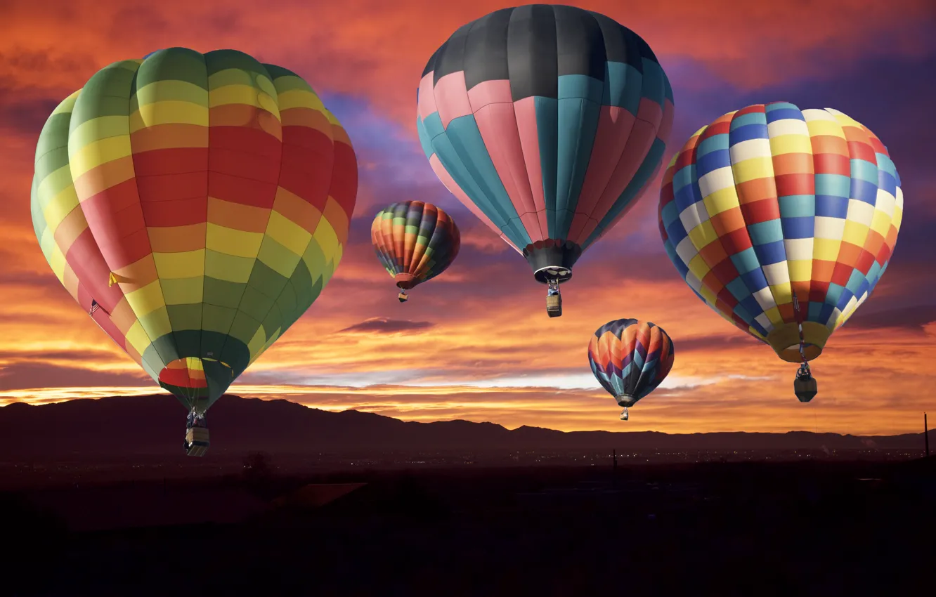 Photo wallpaper the sky, sunset, balloons