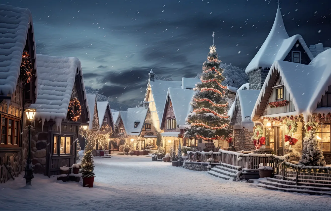 Photo wallpaper winter, snow, decoration, night, the city, lights, street, tree