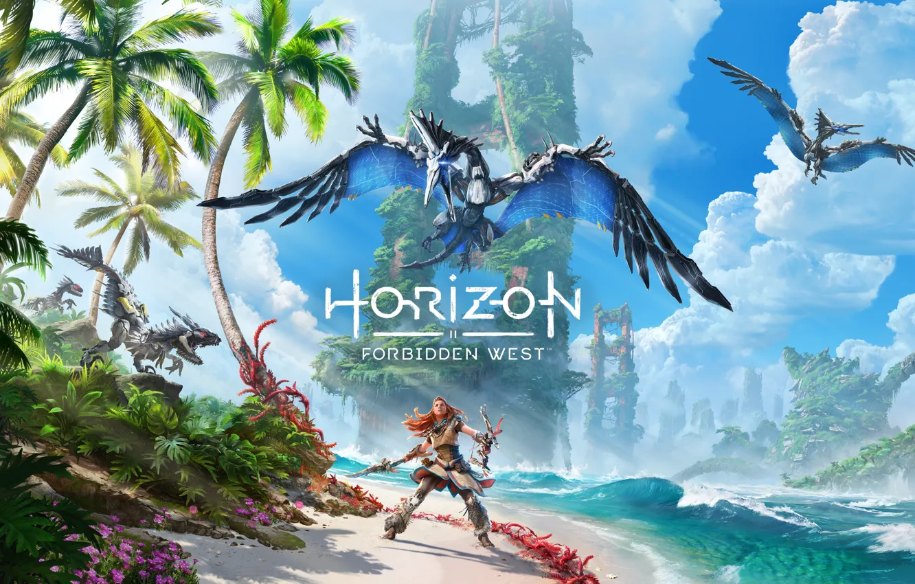 Photo wallpaper girl, nature, dinosaur, Aloy, Horizon Forbidden West