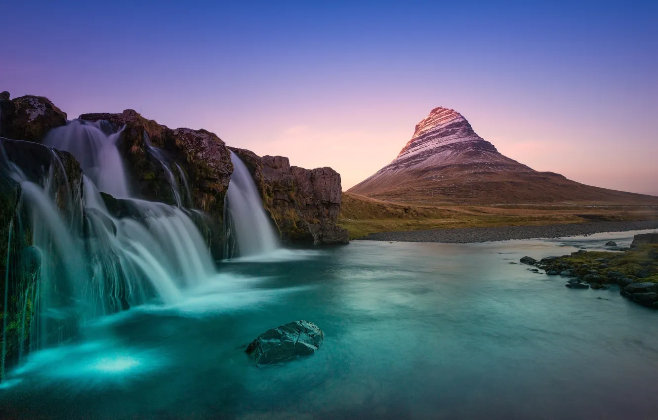 Photo wallpaper mountains, waterfall, river. landscape