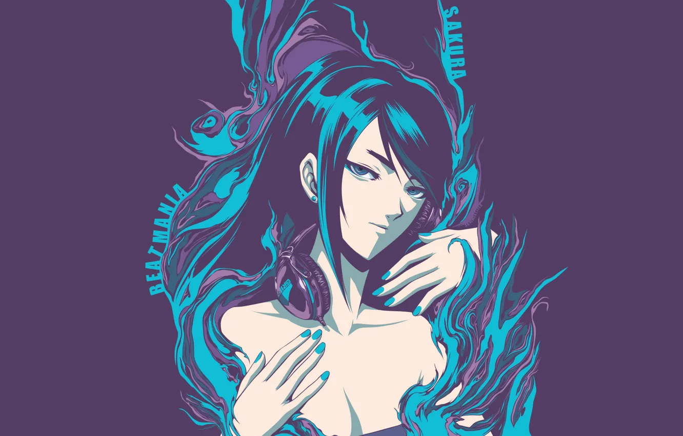 Photo wallpaper portrait, hands, headphones, brunette, neckline, sakura, beatmania