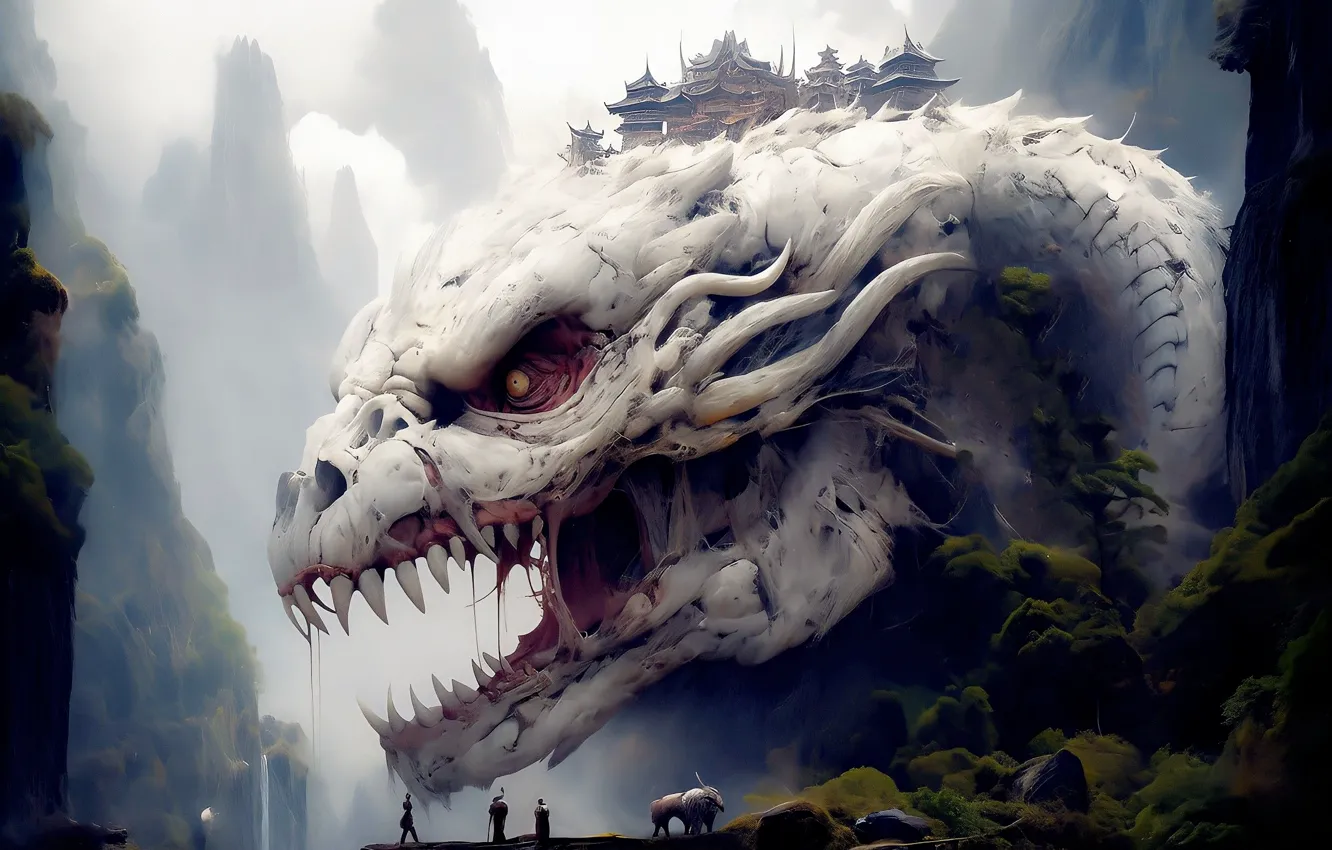 Photo wallpaper monster, mouth, fangs, horror, mucus, giant, the rocks of the mountains, white dragon