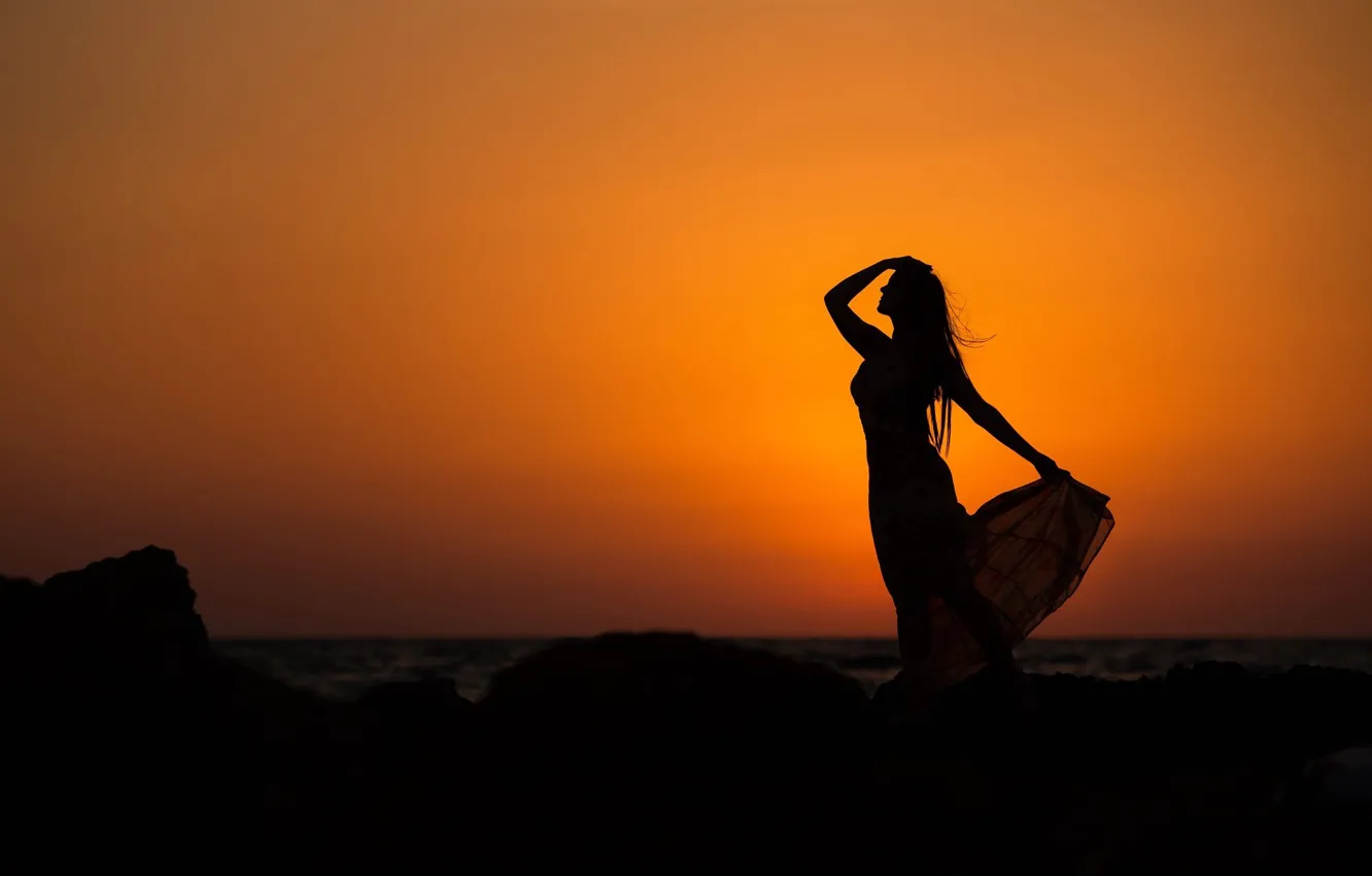 Photo wallpaper sea, body, dress, horizon, silhouette, sundress, by Arif AtlД±