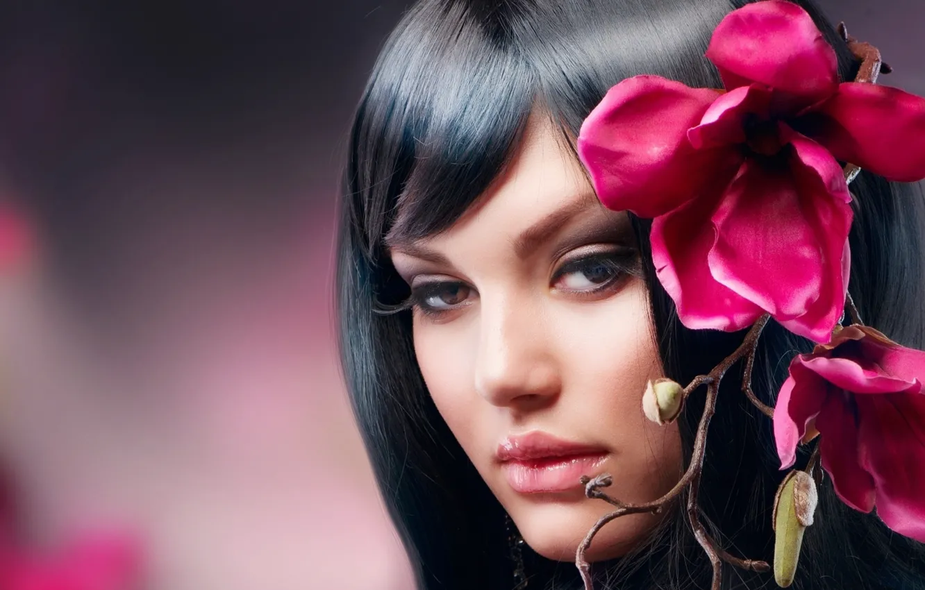 Photo wallpaper girl, flowers, face, brunette
