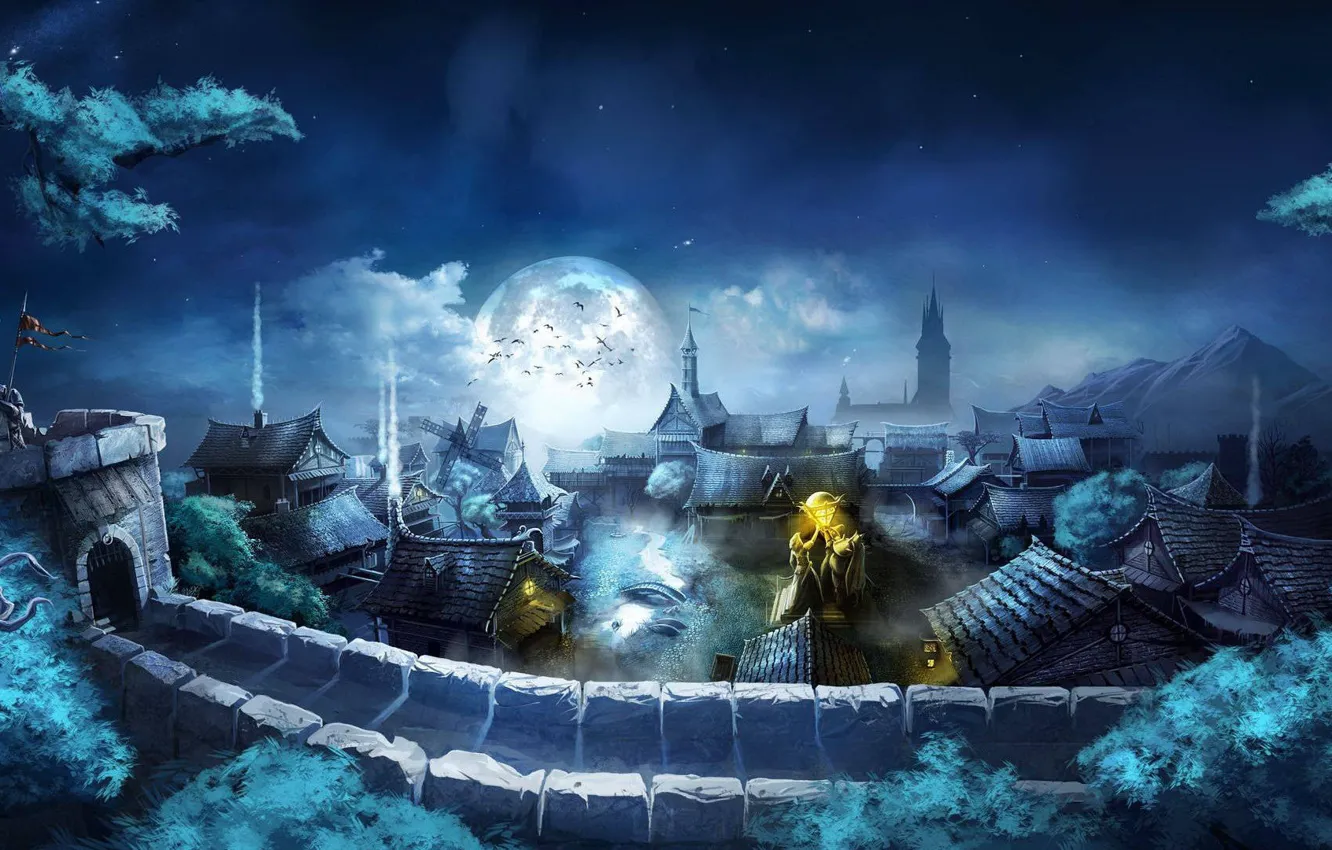Photo wallpaper moon, night, bat, village, flag, castle
