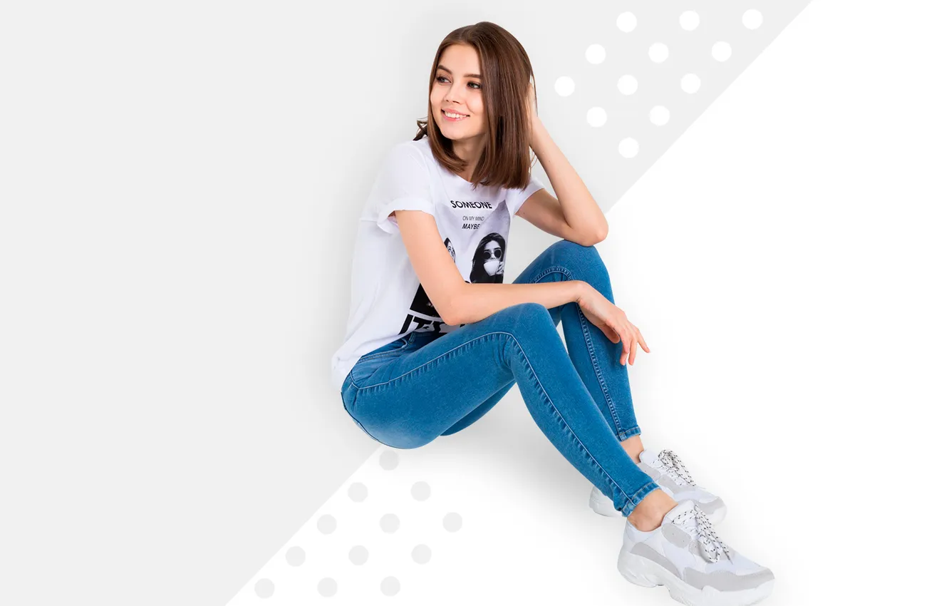 Photo wallpaper girl, model, pretty, jeans, sweet, adorable, long-haired, sneakers