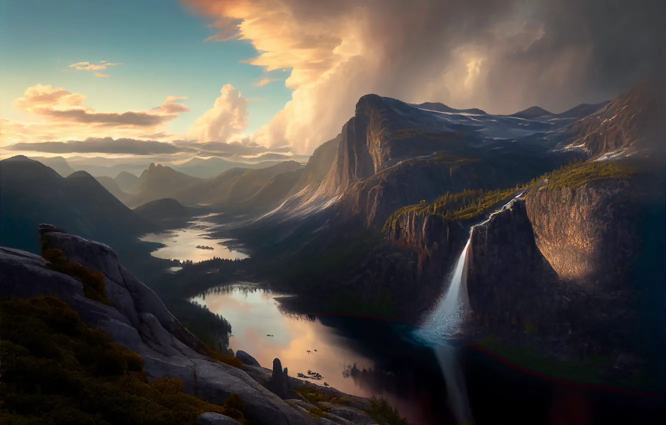 Photo wallpaper mountains, clouds, lake, waterfall, mountains