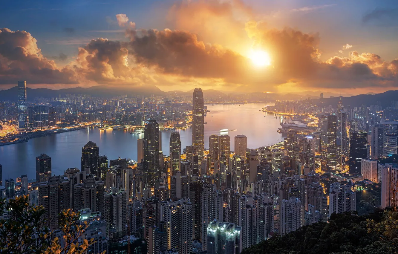 Photo wallpaper sunset, the city, hongkong