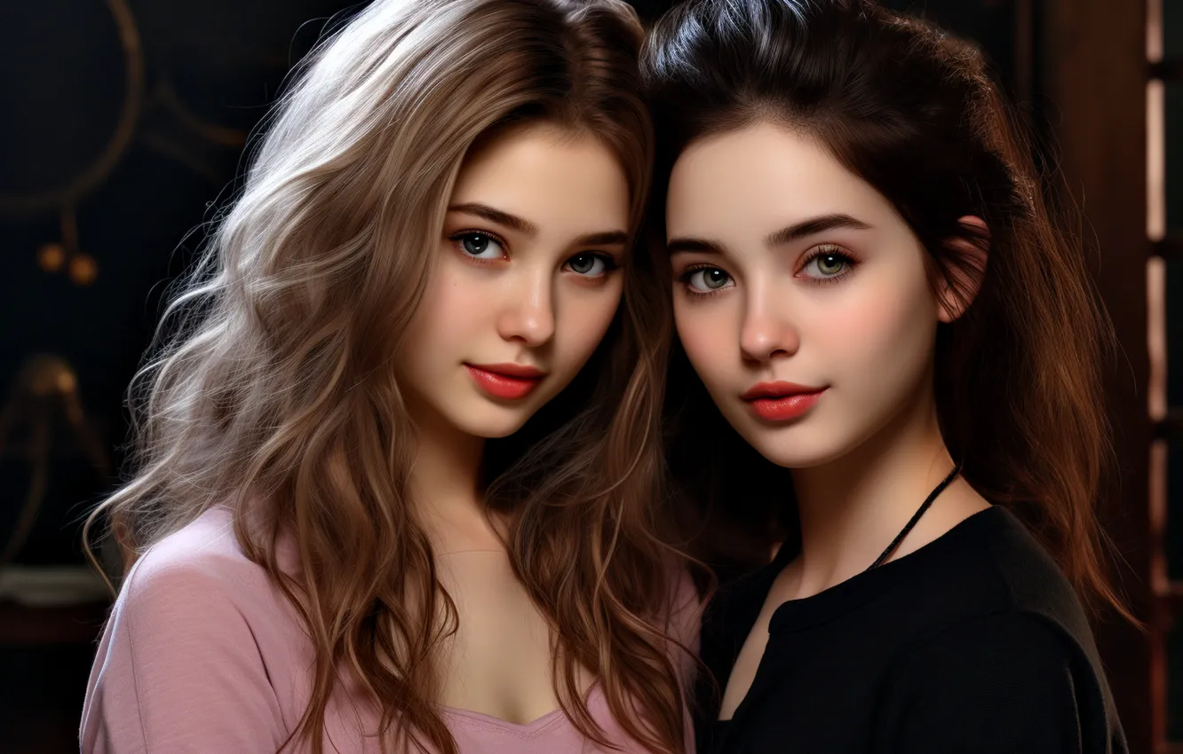 Wallpaper look, girls, portrait, pair, Duo, two girls, friend, AI art ...