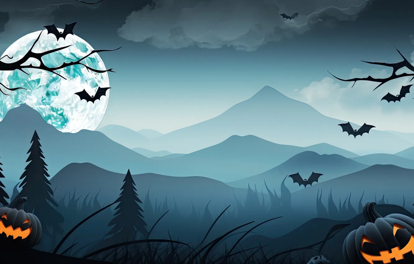 Photo wallpaper trees, mountains, night, clouds, the moon, Halloween, pumpkin, bats