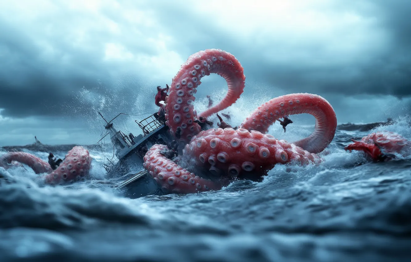 Photo wallpaper Sea, Wave, Ship, Clouds, The tentacles, Attack, Digital art, Sea monster